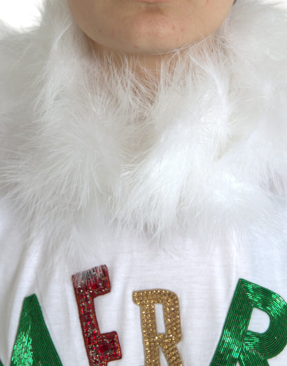 T-shirt natalizia in cotone bianco con paillettes e pelliccia Dolce &amp; Gabbana