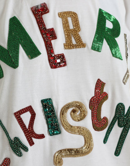 T-shirt natalizia in cotone bianco con paillettes e pelliccia Dolce &amp; Gabbana
