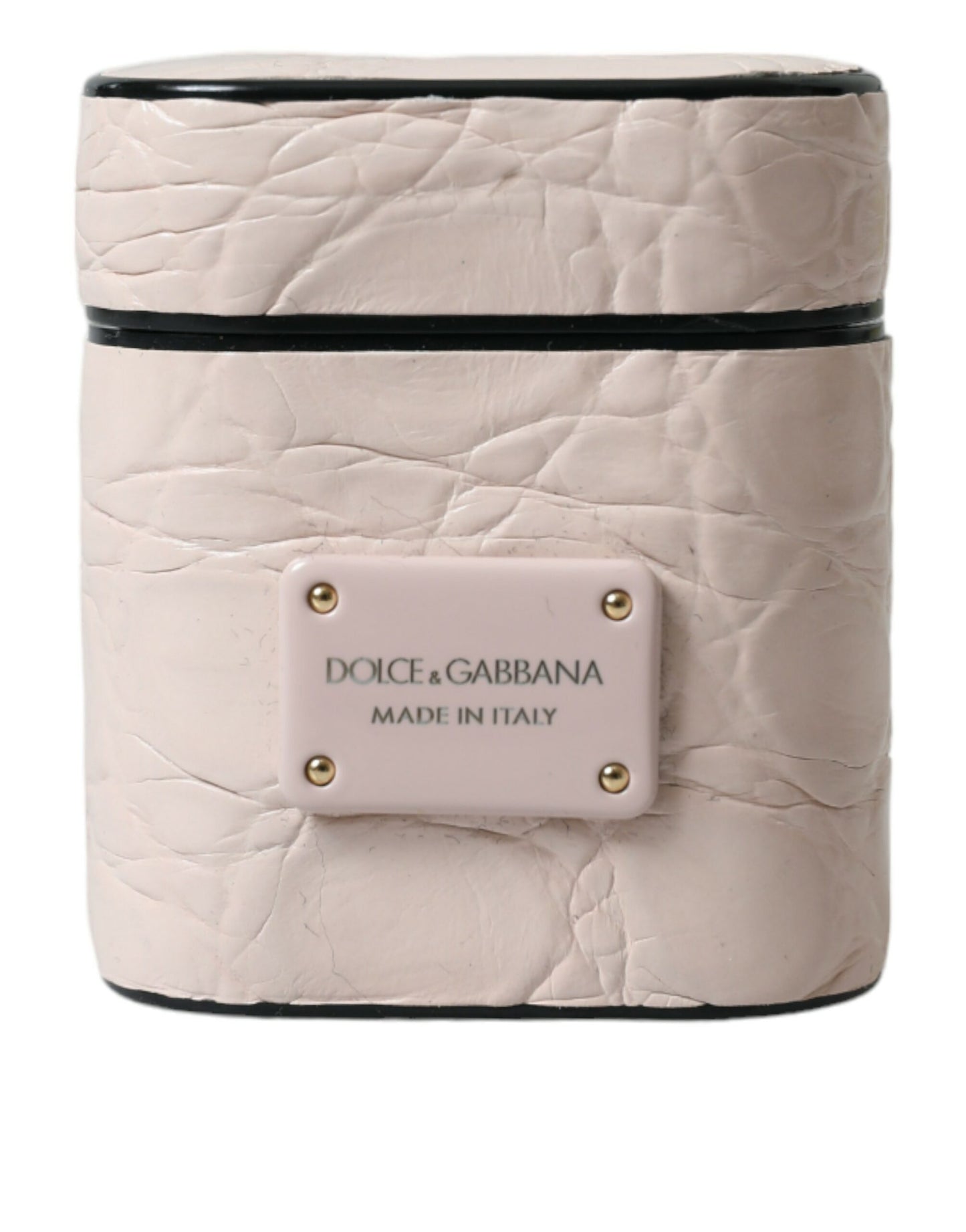 Custodia per Airpods Dolce &amp; Gabbana in pelle di vitello rosa chiaro con logo in metallo
