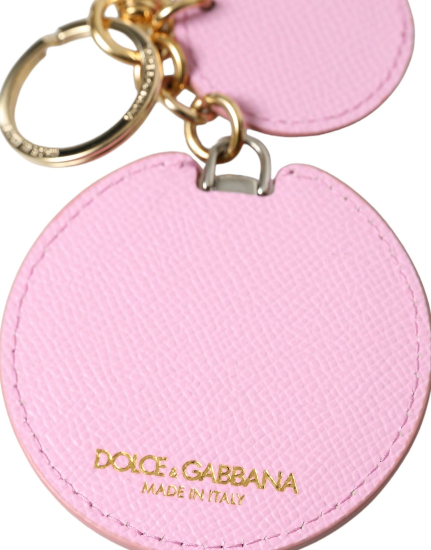 Portachiavi con logo stampato in metallo dorato in pelle di vitello rosa Dolce &amp; Gabbana