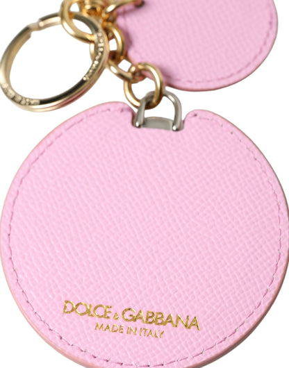 Portachiavi con logo stampato in metallo dorato in pelle di vitello rosa Dolce &amp; Gabbana