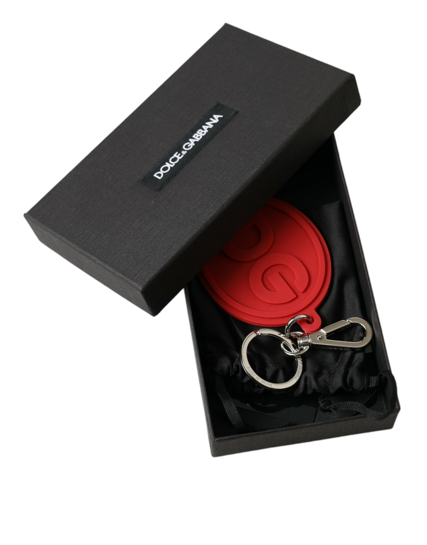 Portachiavi in ​​metallo e ottone argentato con logo DG in gomma rossa Dolce &amp; Gabbana