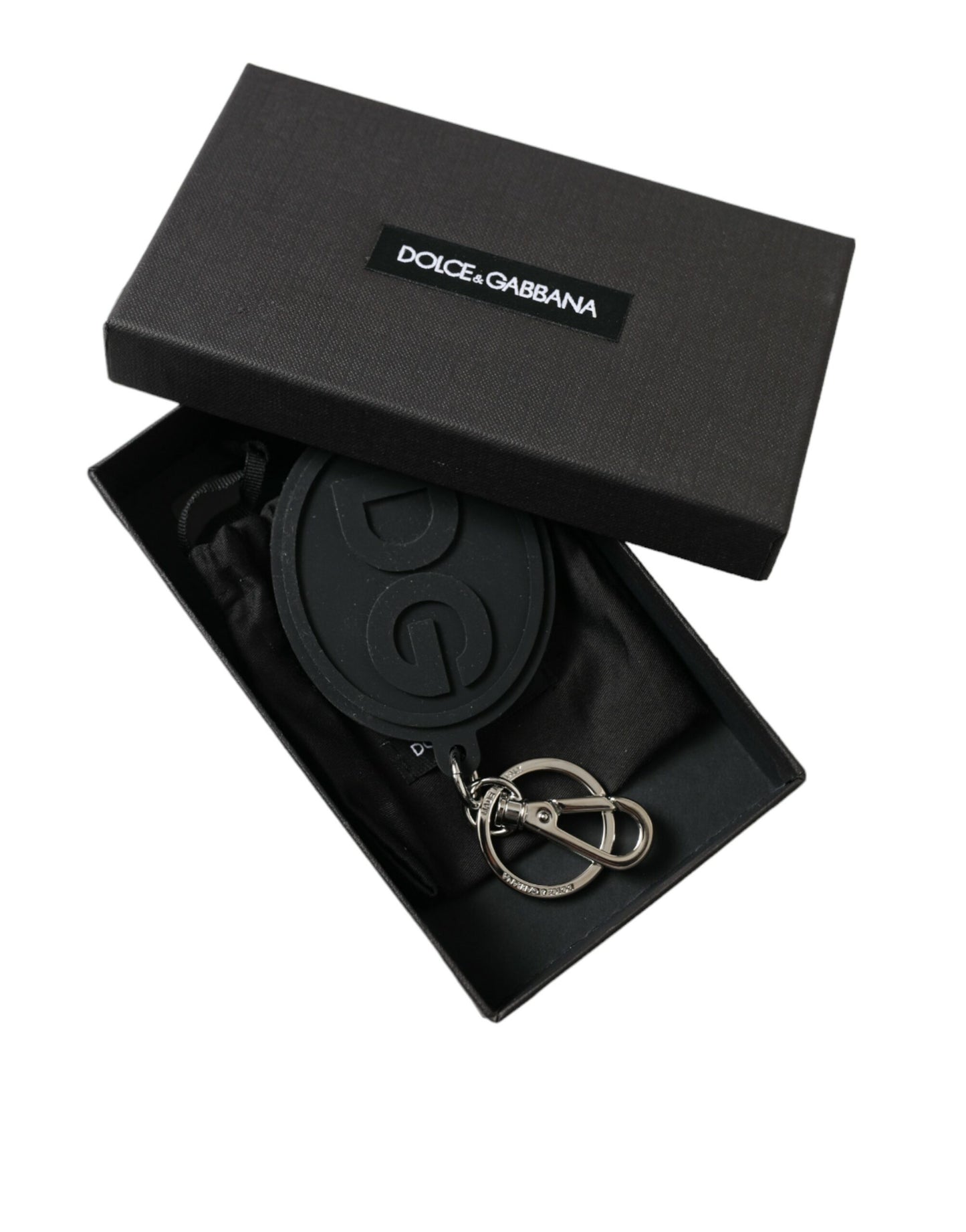 Portachiavi in ​​metallo e ottone argentato con logo DG in gomma nera Dolce &amp; Gabbana