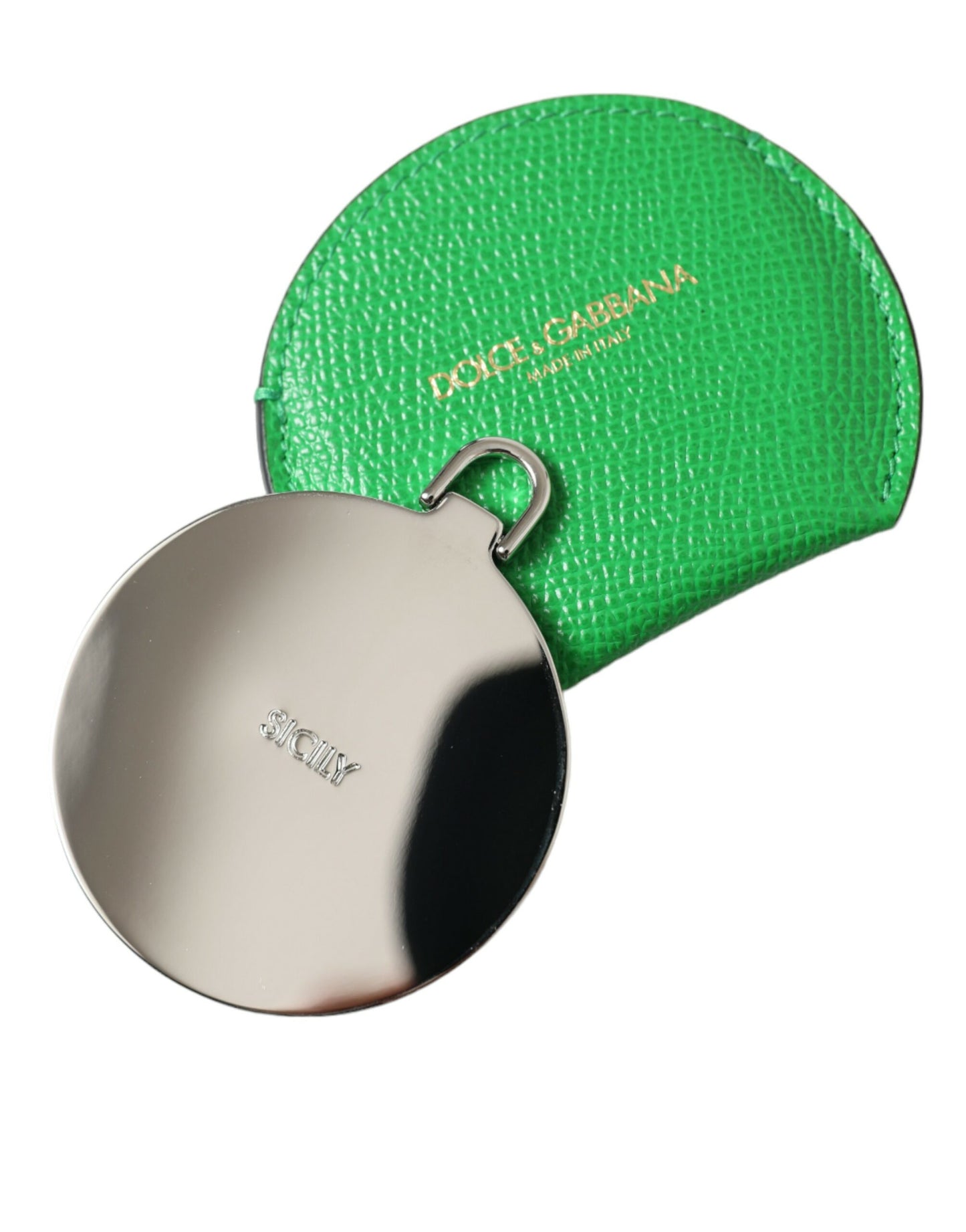 Portaspecchietto rotondo con logo Dolce &amp; Gabbana in pelle di vitello verde