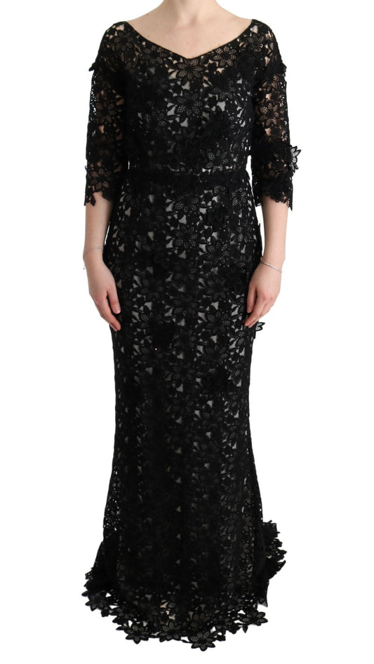 Abito lungo floreale in cotone e seta nero Dolce &amp; Gabbana