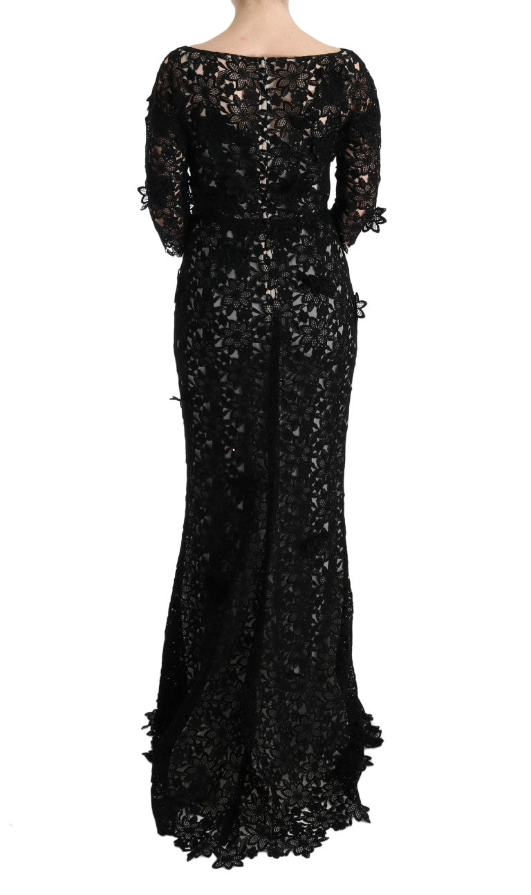 Abito lungo floreale in cotone e seta nero Dolce &amp; Gabbana