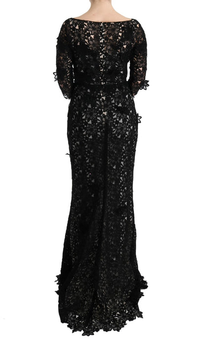 Abito lungo floreale in cotone e seta nero Dolce &amp; Gabbana