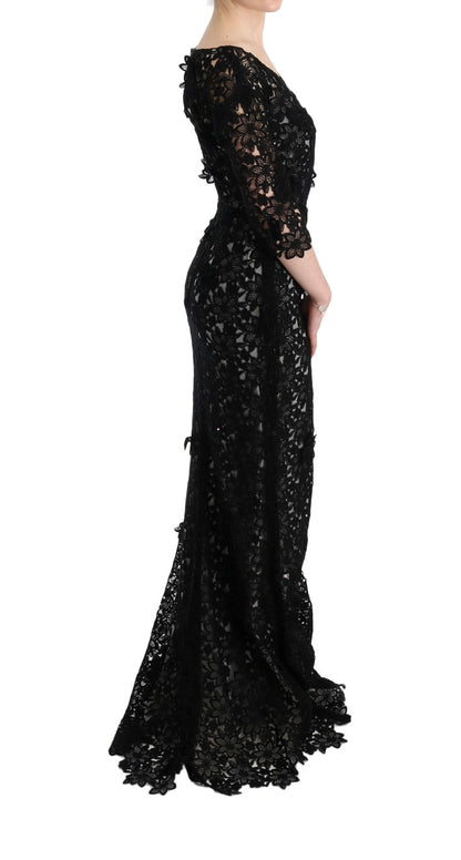 Abito lungo floreale in cotone e seta nero Dolce &amp; Gabbana