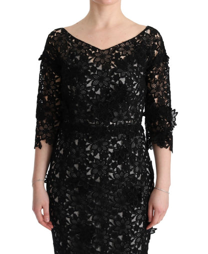 Abito lungo floreale in cotone e seta nero Dolce &amp; Gabbana