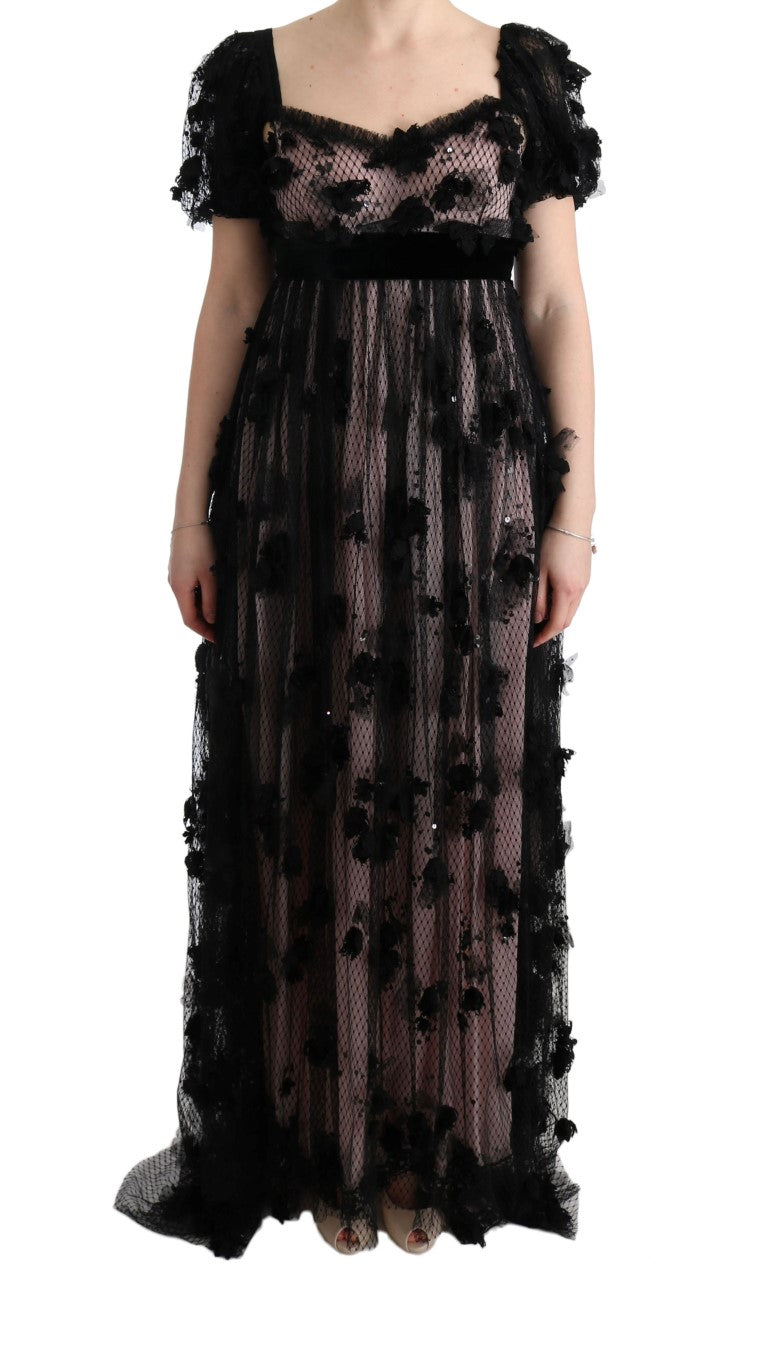 Abito a trapezio in seta rosa e nero con applicazioni Dolce &amp; Gabbana