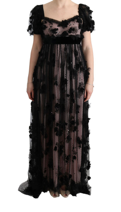 Abito a trapezio in seta rosa e nero con applicazioni Dolce &amp; Gabbana