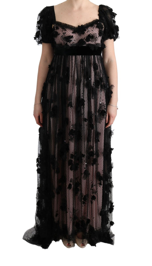 Abito a trapezio in seta rosa e nero con applicazioni Dolce &amp; Gabbana