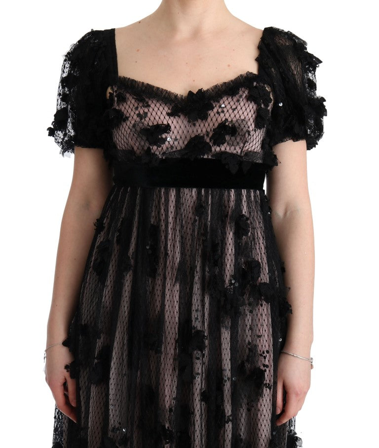 Abito a trapezio in seta rosa e nero con applicazioni Dolce &amp; Gabbana