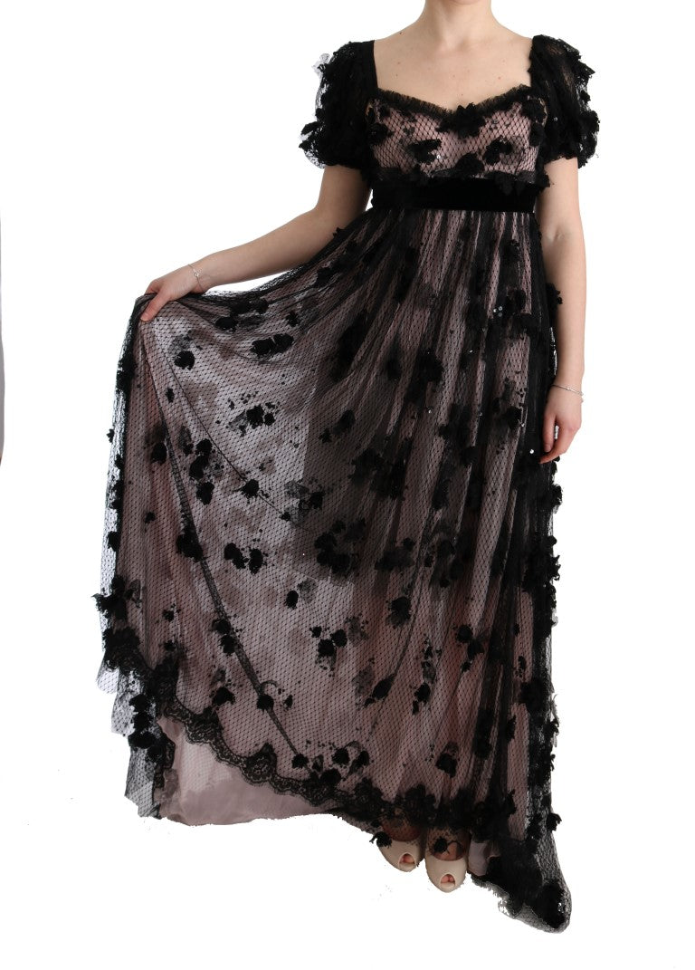 Abito a trapezio in seta rosa e nero con applicazioni Dolce &amp; Gabbana
