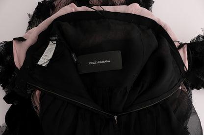 Abito a trapezio in seta rosa e nero con applicazioni Dolce &amp; Gabbana