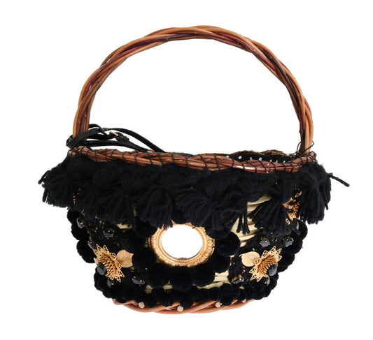 Borsa Dolce &amp; Gabbana Beige Straw Snakeskin Pom Pom Crystal AGNESE