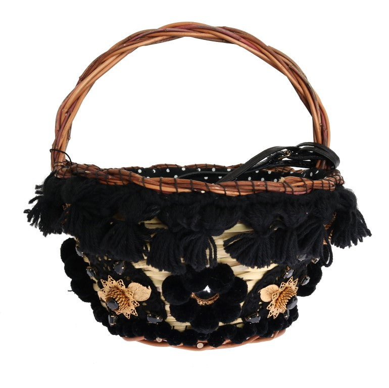 Borsa Dolce &amp; Gabbana Beige Straw Snakeskin Pom Pom Crystal AGNESE