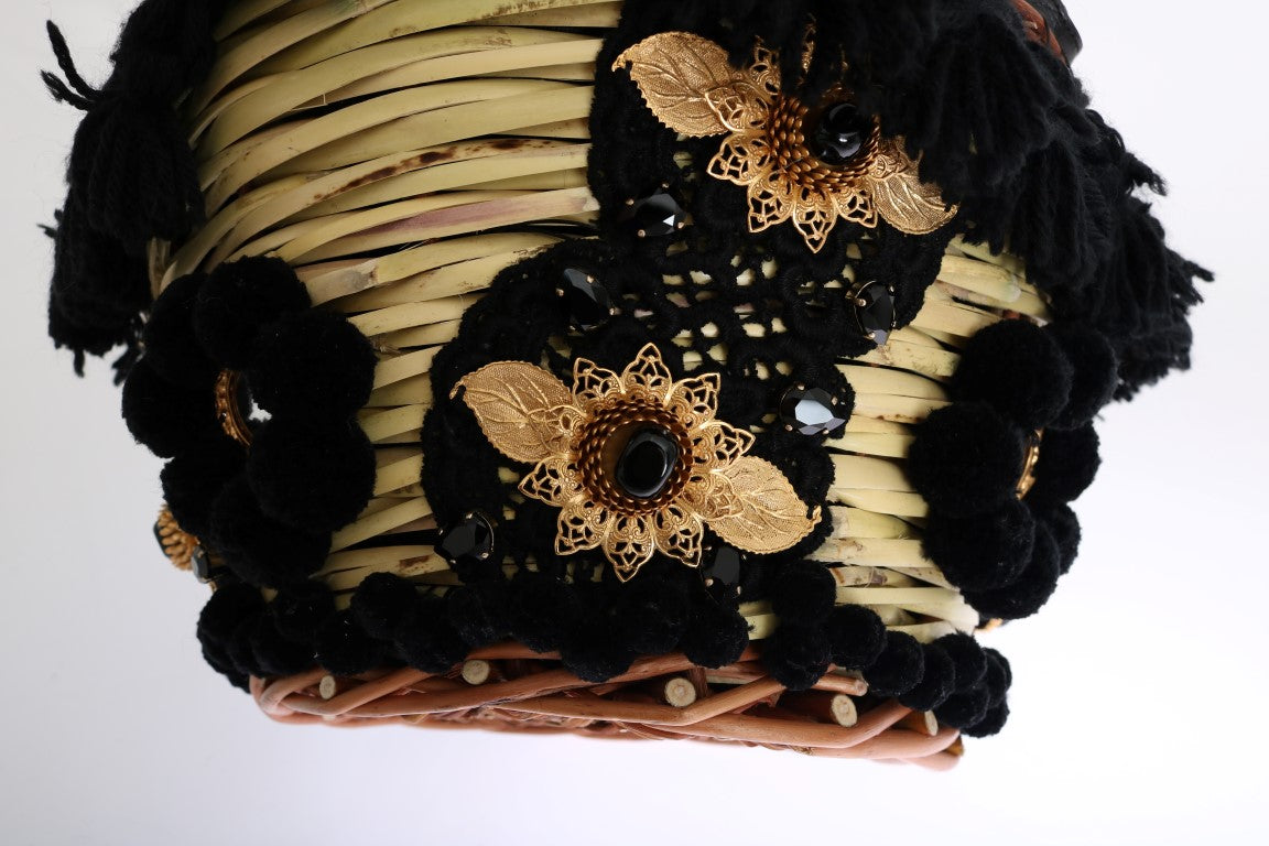 Borsa Dolce &amp; Gabbana Beige Straw Snakeskin Pom Pom Crystal AGNESE