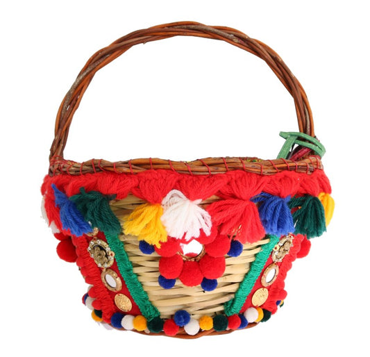 Borsa Dolce &amp; Gabbana multicolore AGNESE in paglia con pompon e cristalli