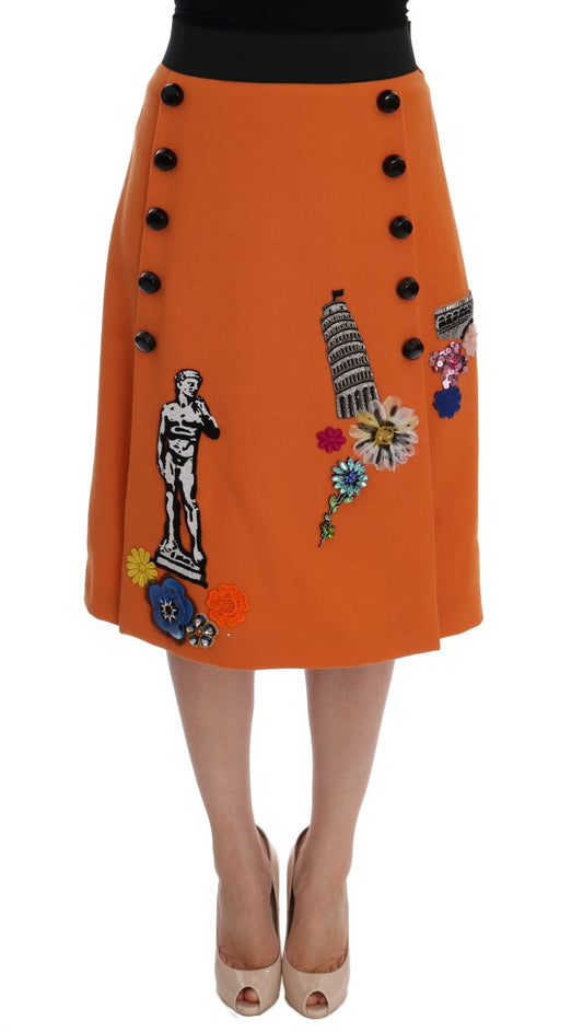 Gonna Dolce &amp; Gabbana in lana arancione con applicazioni di paillettes e cristalli
