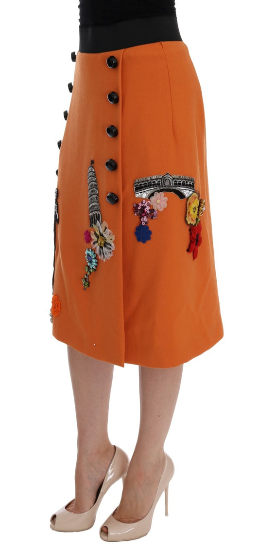 Gonna Dolce &amp; Gabbana in lana arancione con applicazioni di paillettes e cristalli