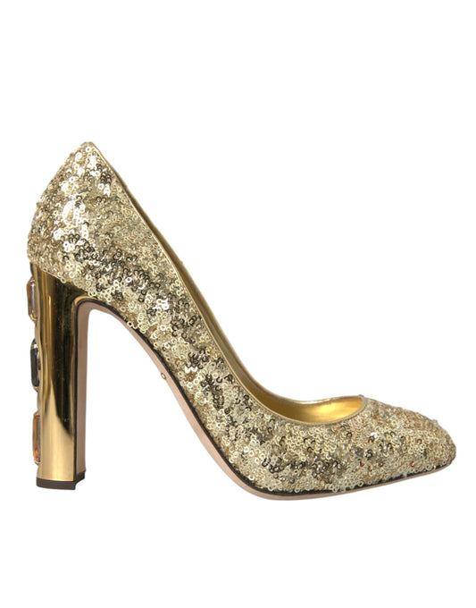Scarpe con tacco e paillettes dorate e cristalli Dolce &amp; Gabbana