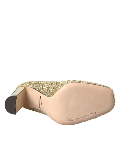 Scarpe con tacco e paillettes dorate e cristalli Dolce &amp; Gabbana