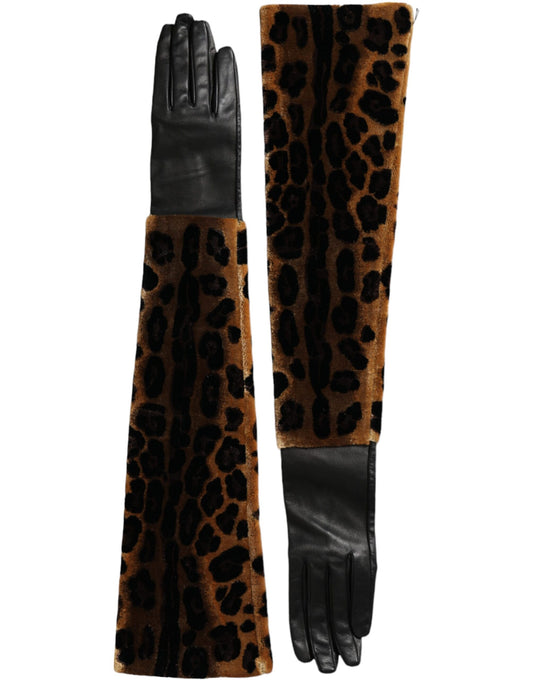 Guanti lunghi fino al gomito in pelle leopardata marrone e nera Dolce &amp; Gabbana