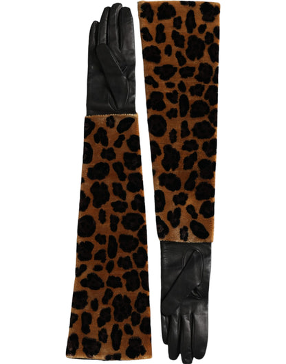Guanti lunghi fino al gomito in pelle leopardata marrone e nera Dolce &amp; Gabbana