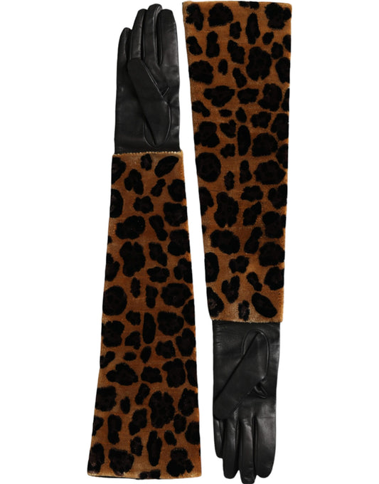 Guanti lunghi fino al gomito in pelle leopardata marrone e nera Dolce &amp; Gabbana