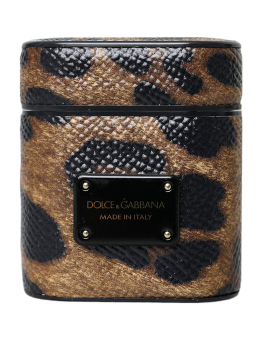 Custodia per Airpods Dolce & Gabbana in pelle di vitello leopardata marrone con logo in metallo