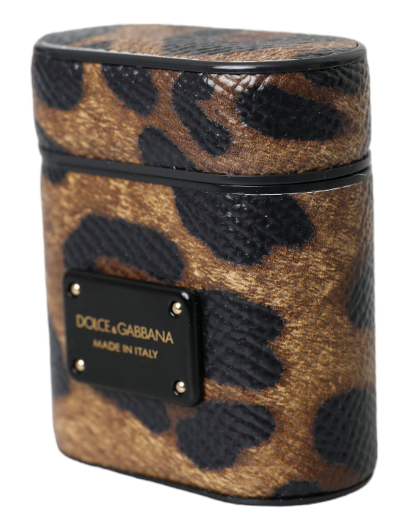 Custodia per Airpods Dolce &amp; Gabbana in pelle di vitello leopardata marrone con logo in metallo