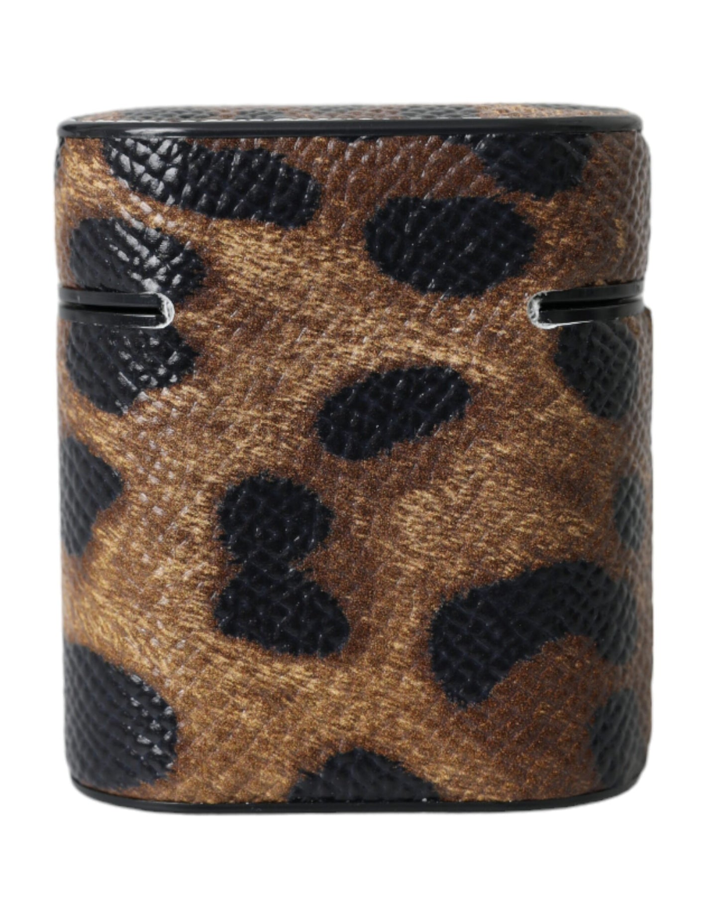 Custodia per Airpods Dolce &amp; Gabbana in pelle di vitello leopardata marrone con logo in metallo
