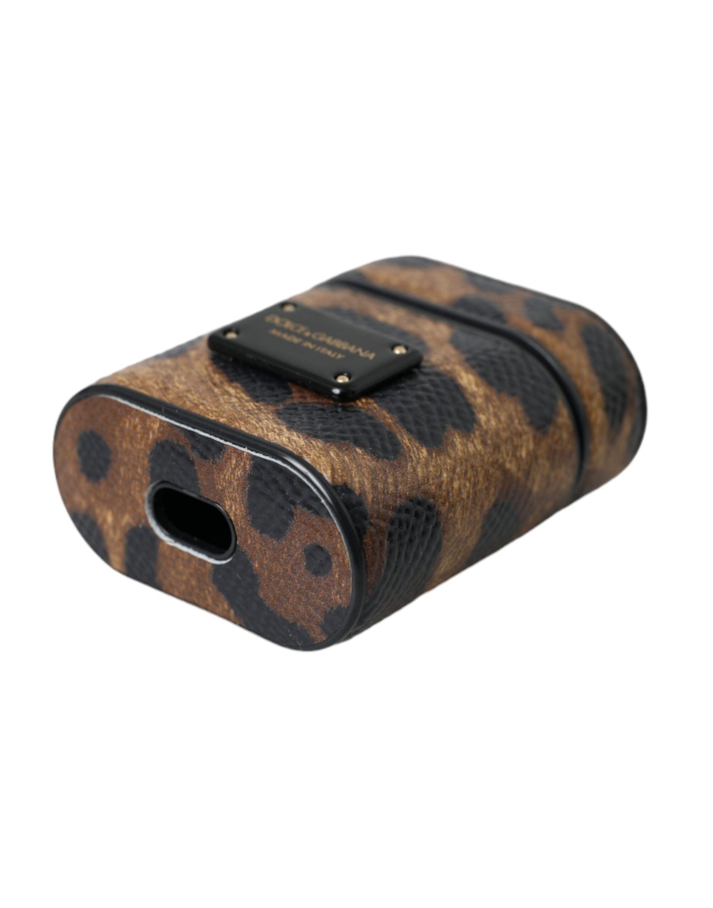 Custodia per Airpods Dolce &amp; Gabbana in pelle di vitello leopardata marrone con logo in metallo