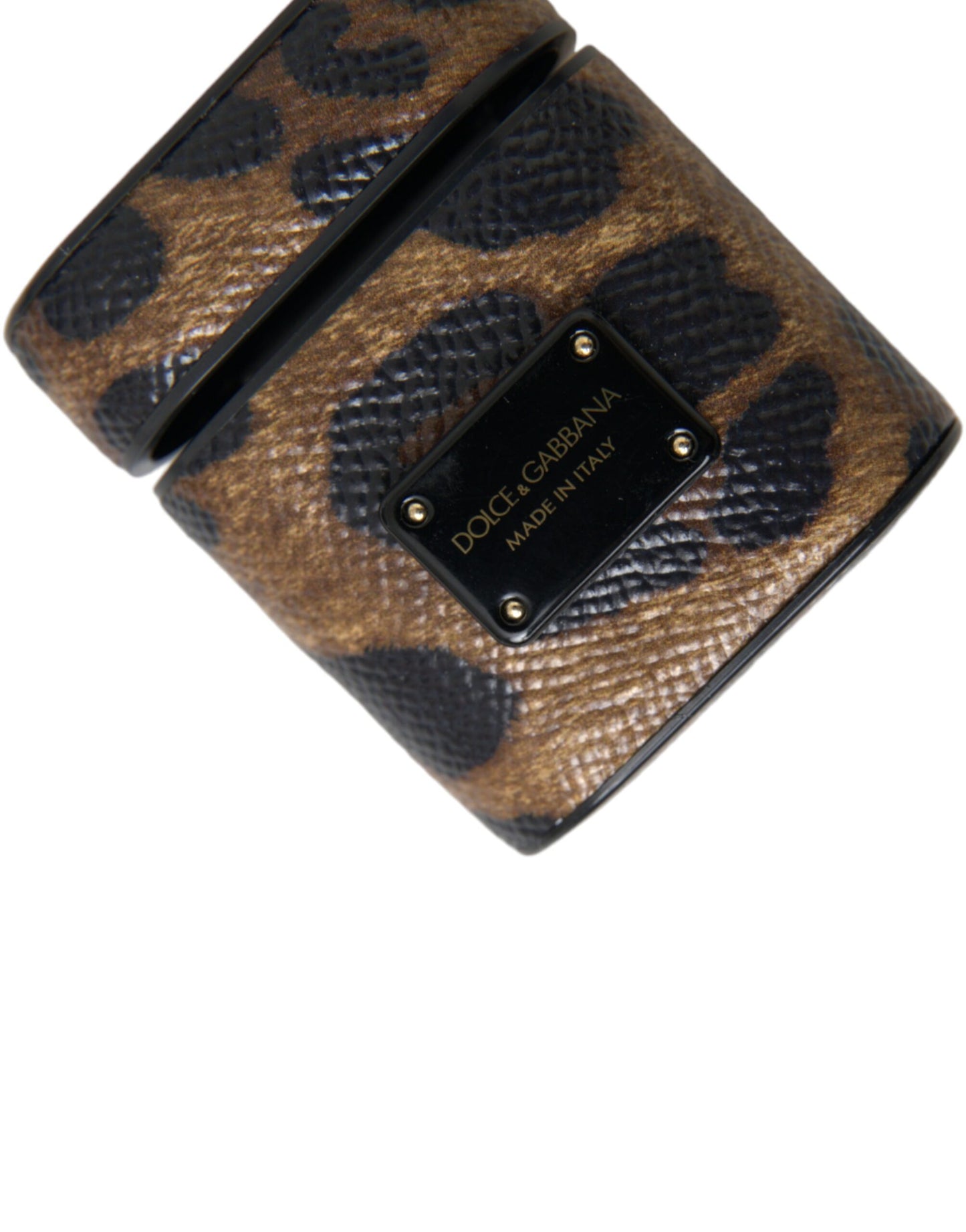 Custodia per Airpods Dolce &amp; Gabbana in pelle di vitello leopardata marrone con logo in metallo