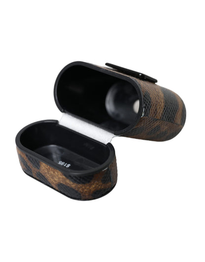 Custodia per Airpods Dolce &amp; Gabbana in pelle di vitello leopardata marrone con logo in metallo