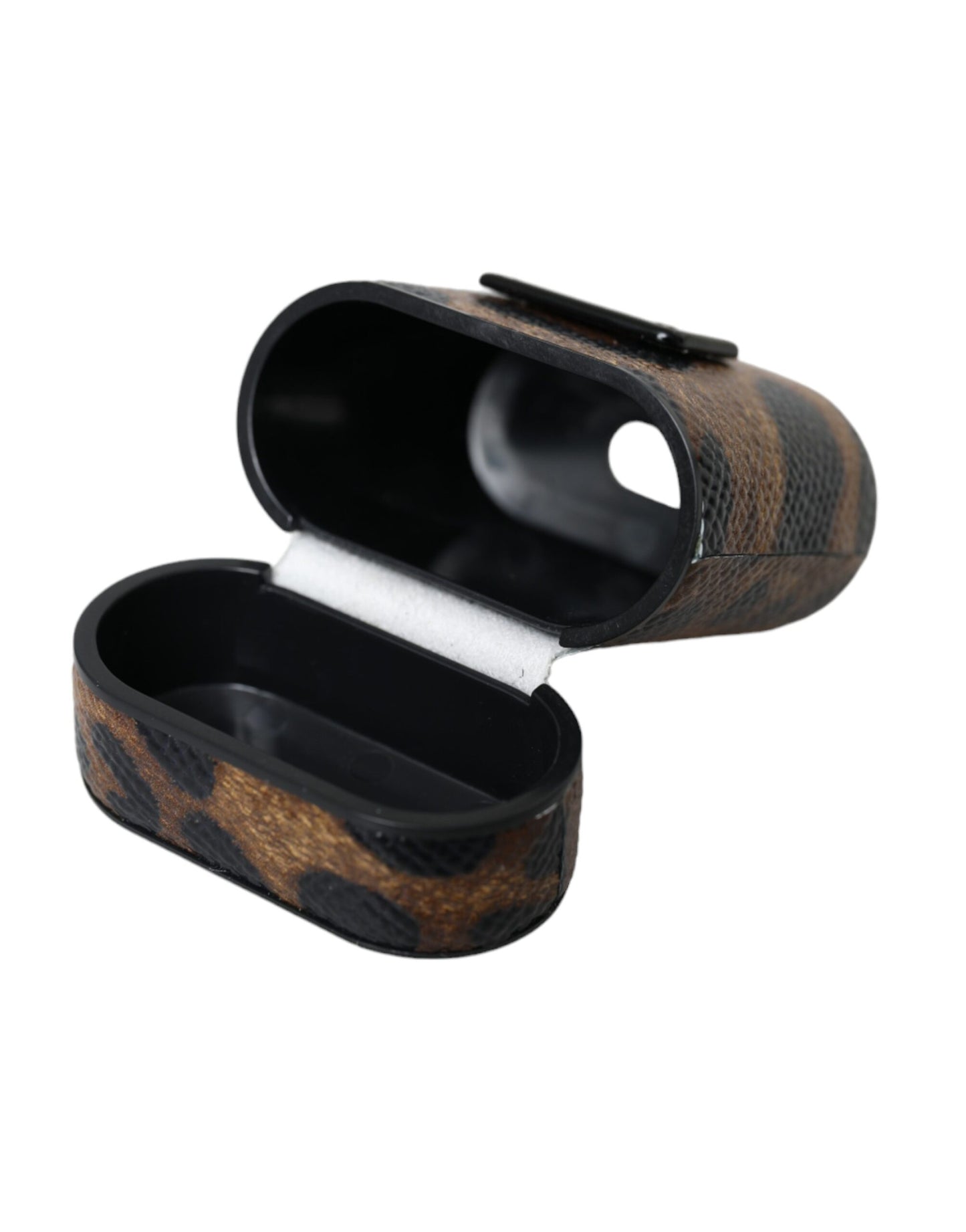 Custodia per Airpods Dolce &amp; Gabbana in pelle di vitello leopardata marrone con logo in metallo