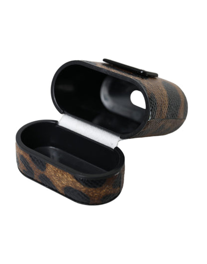 Custodia per Airpods Dolce &amp; Gabbana in pelle di vitello leopardata marrone con logo in metallo