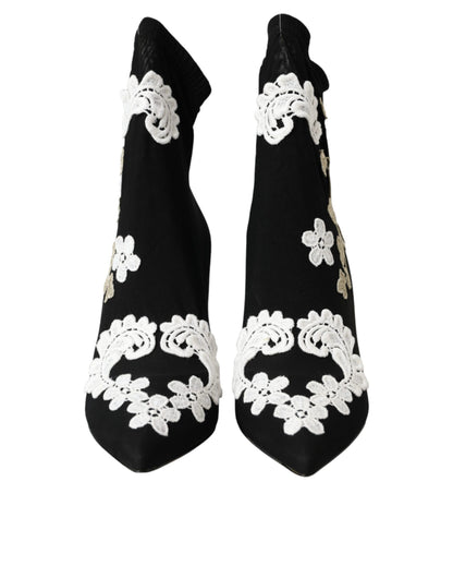 Dolce &amp; Gabbana Stivali Slip On Ricamati Neri e Bianchi
