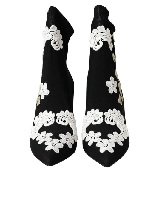 Dolce &amp; Gabbana Stivali Slip On Ricamati Neri e Bianchi