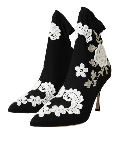 Dolce &amp; Gabbana Stivali Slip On Ricamati Neri e Bianchi