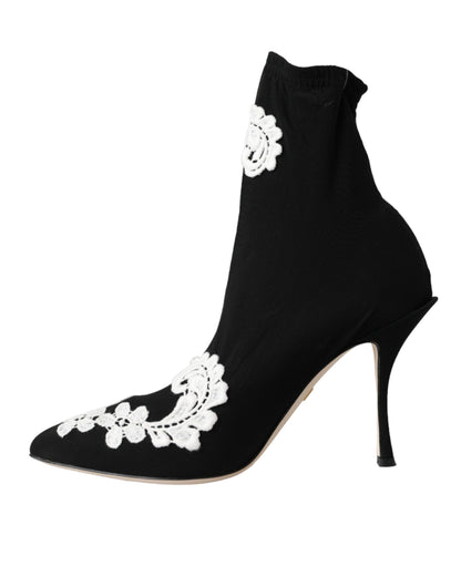 Dolce &amp; Gabbana Stivali Slip On Ricamati Neri e Bianchi