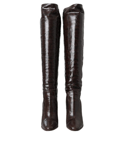 Dolce &amp; Gabbana - Stivali alti con tacco in pelle esotica marrone