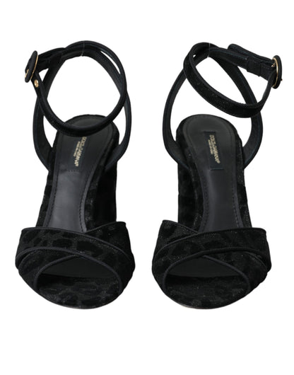 Sandali con tacco in pelle scamosciata leopardata nera Dolce &amp; Gabbana