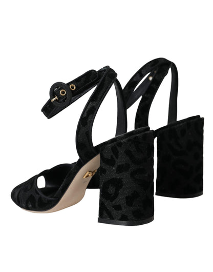 Sandali con tacco in pelle scamosciata leopardata nera Dolce &amp; Gabbana
