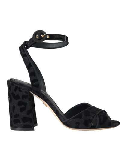 Sandali con tacco in pelle scamosciata leopardata nera Dolce &amp; Gabbana