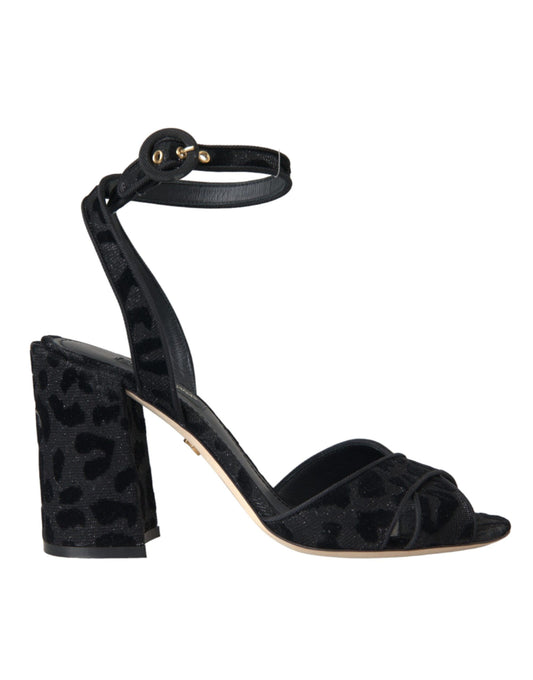 Sandali con tacco in pelle scamosciata leopardata nera Dolce &amp; Gabbana