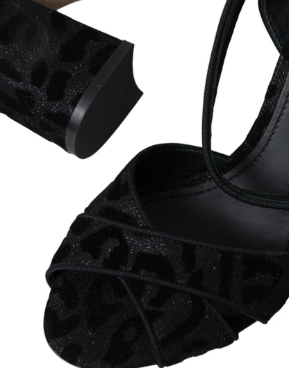 Sandali con tacco in pelle scamosciata leopardata nera Dolce &amp; Gabbana