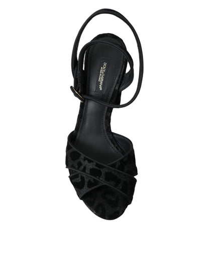 Sandali con tacco in pelle scamosciata leopardata nera Dolce &amp; Gabbana