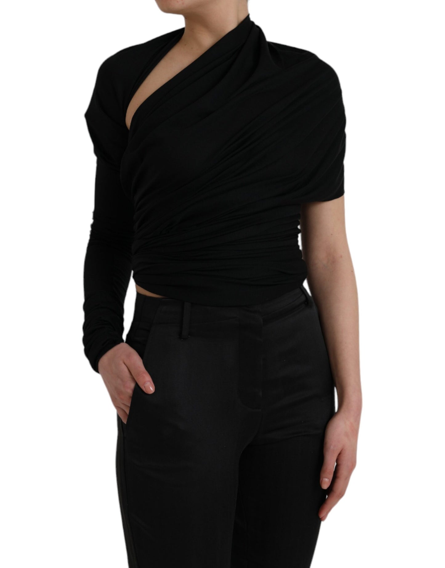 Dolce &amp; Gabbana Top asimmetrico a maniche lunghe in lana nera con ritagli